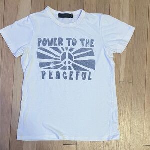 Junk Food woman’s White Graphic Tee with Peaceful Message